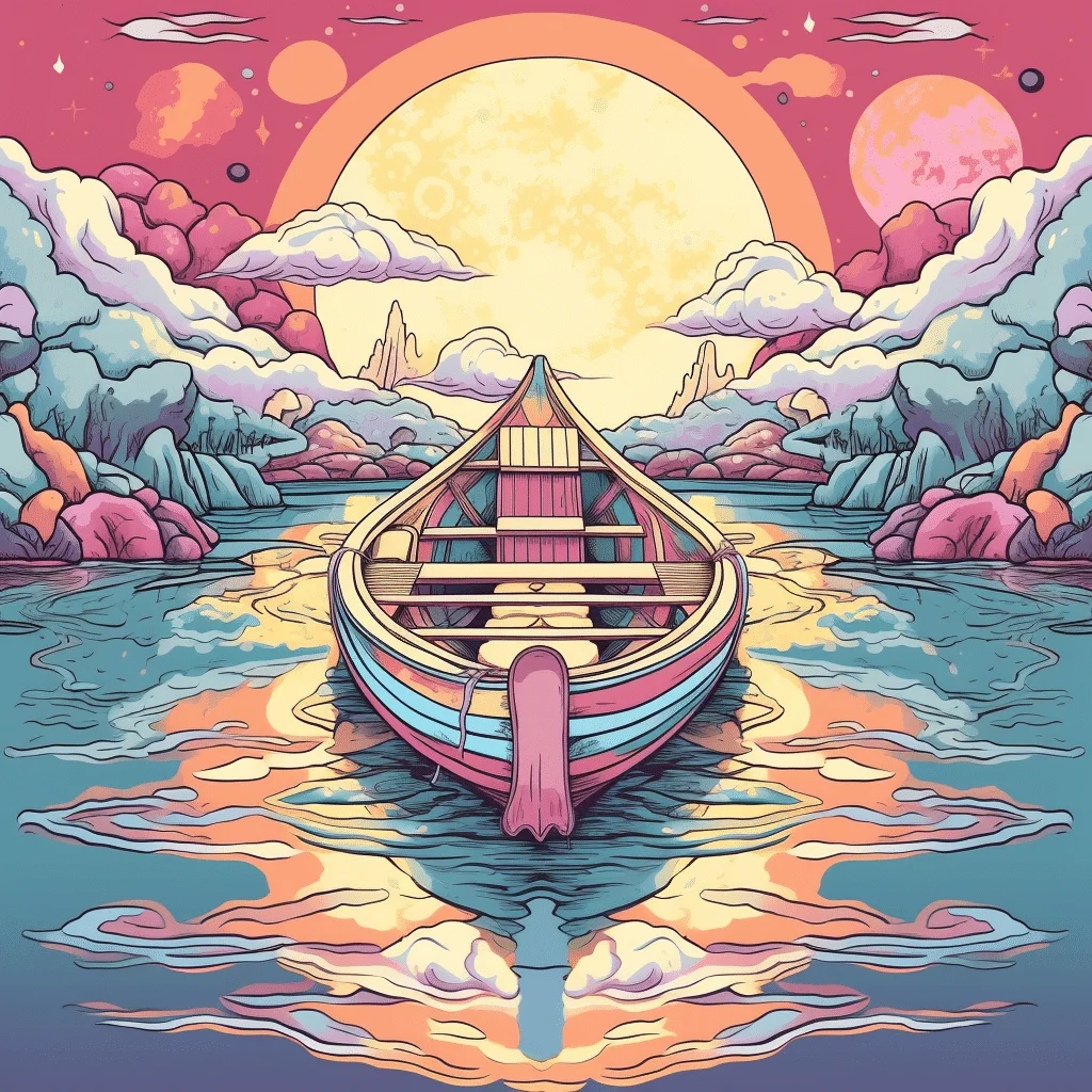 Canoe in the style of psychedelic manga rococo pastel hues geometric shapes patterns anime aesthetic ornate embroidery digital print kawaii aesthetic